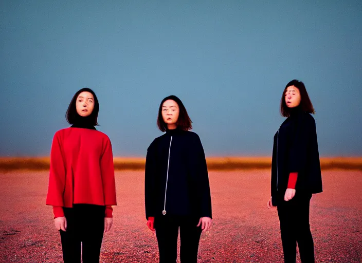 Image similar to cinestill 5 0 d closeup photographic portrait of two clones in front of a brutalist metal building, techwear women, on a desolate plain with a red sky, black oversized clothes, depth of field, 4 k, 8 k, hd, full color