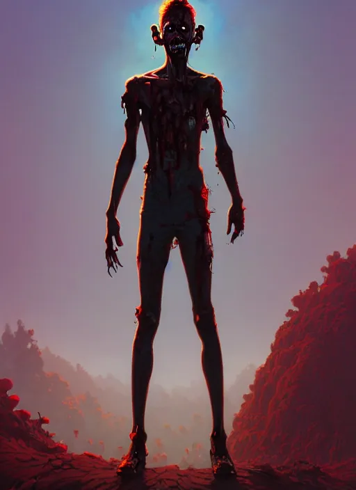 Prompt: a movie poster design of a full body zombie hero standing on a hill with a heroic pose, an ultrafine detailed painting by james jean, cgsociety, figurative art, detailed painting, dystopian art, high detail greg rutkowski and andreas rocha, tristan eaton, victo ngai, artgerm, rhads, ross draws