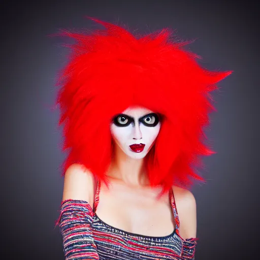 Prompt: raccoon wearing bright red wig, photo, detailed, 4 k