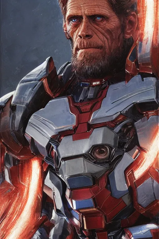 Image similar to Portrait of Willem Dafoe as Iron Patriot, marvel comics, dark, intricate, highly detailed, smooth, artstation, digital illustration by Ruan Jia and Mandy Jurgens and Artgerm and Wayne Barlowe and Greg Rutkowski and Zdislav Beksinski