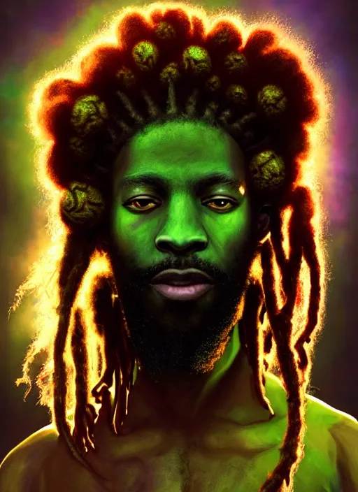 Image similar to portrait of fearless jamaican rasta warrior with flowing dreadlocks, surrounded by spirit of ganja. afrogoth intricate digital matte painting concept art, warpaint aesthetic, colorful, psychedelic, beautifully backlit, subtle tones, sharp focus, cinematic aesthetic octane render, volumetric lighting, by edmund leighton, james jean, ross tran and artgerm