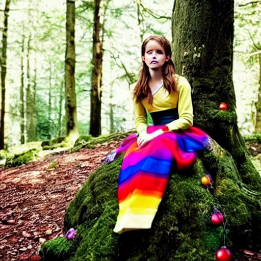 Prompt: photo of emma watson as an elf wearing a long rainbow wedding gown sitting in a colorful forest