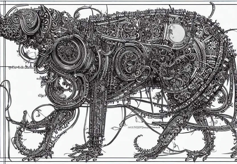 Image similar to schematic blueprint of highly detailed ornate filigreed convoluted ornamented elaborate cybernetic rat, art by da vinci