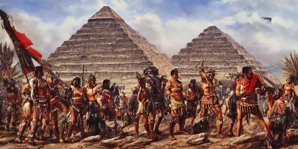 Image similar to simonetti rutkowski painting aztec warriors watching spaceship arriving to mesoamerican pyramid