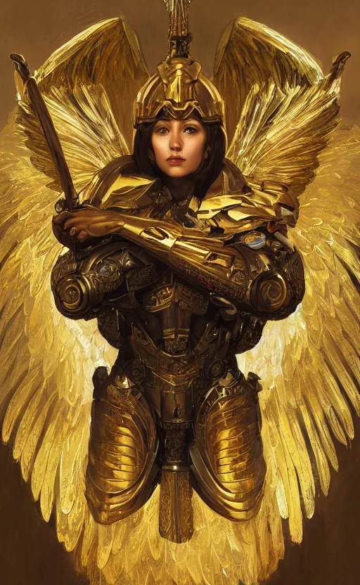 Image similar to Portrait of an archangel with golden wings, heavy armor and helmet, confident, heaven background, intricate, headshot, highly detailed, digital painting, artstation, concept art, sharp focus, cinematic lighting, illustration, art by artgerm and greg rutkowski, alphonse mucha, cgsociety