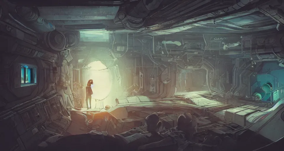 Image similar to A beautiful artwork illustration, level design, third person, an escape room in a small, cramped space ship, featured on artstation, wide angle, horizontal orientation