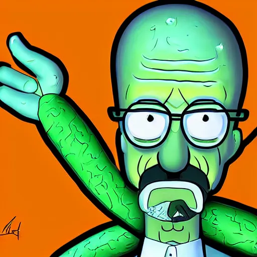 Image similar to digital art of Walter white as pickle rick from rick and morty, detailed, realism, cartoon art