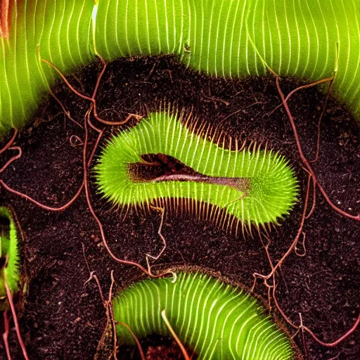 Image similar to a cross section of a carnivorous plant with sharp pointy teeth showing its roots underground, plant photography