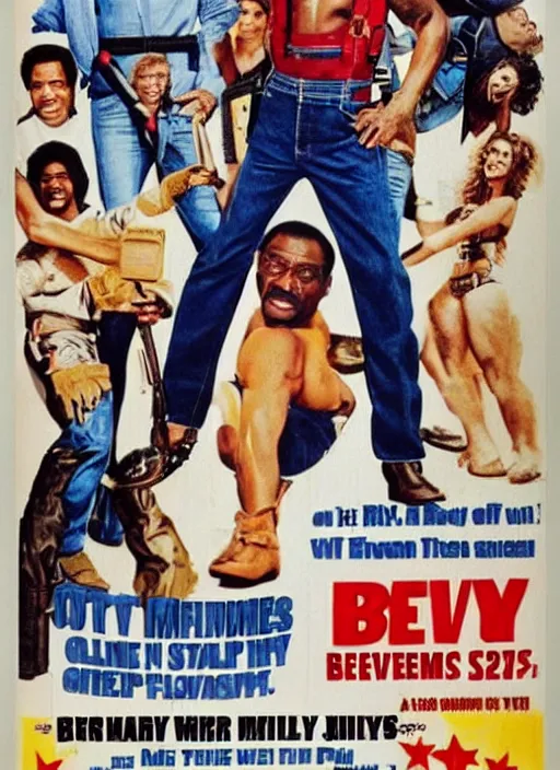 Image similar to an 8 0's john alvin action movie poster starring eddie murphy face as a plumber to rich people. bathroom. overalls. tool belt. the movie is called beverly hills crap