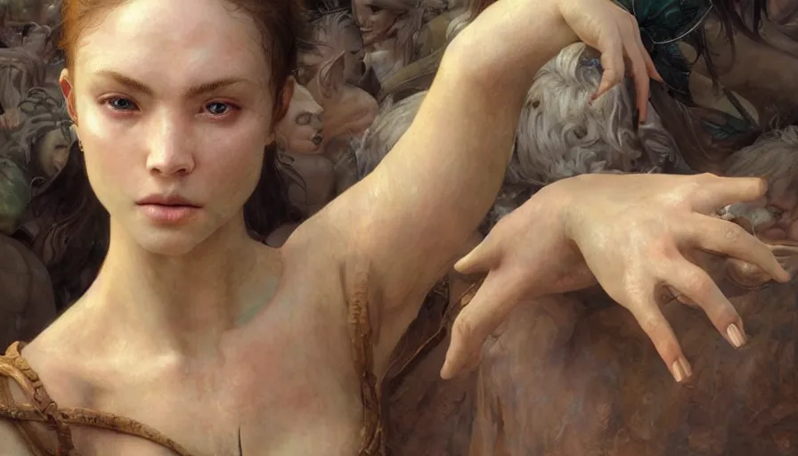 Image similar to epic masterpiece ignorance, drama, sweaty skin, hyperrealistic, octane render, cinematic, beautiful face and flawless skin, perfect hands, 5 fingers, emerald by Edgar Maxence and Ross Tran and Michael Whelan, Legends of Runeterra