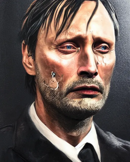 Image similar to mads mikkelson as clifford unger from death stranding, tears of tar, mysterious portrait, oil painting, black background