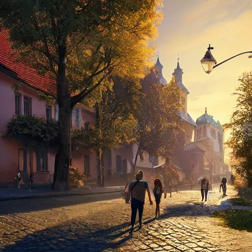 Prompt: a beautiful hyper realistic photo of banska stiavnica in summer with old houses and trees in sunset, sky, people walking on street, unreal engine, by greg rutkowski and james gurney, artstation