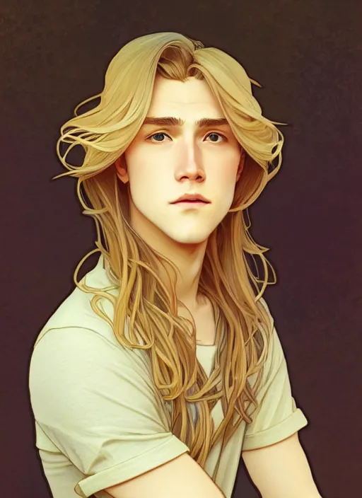 Image similar to pretty young man with shoulder length shiny shimmering golden blond hair, path traced, highly detailed, high quality, digital painting, by studio ghibli and alphonse mucha, leesha hannigan, disney