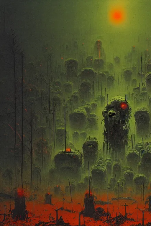 Prompt: glowing green alien crystals irradiating zombie infested city, orange and red wasteland, survival post - apocalyptic, ruined tanks, beksinski, dark sci - fi