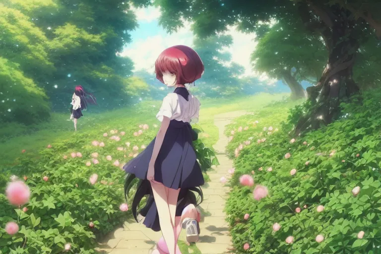 Prompt: anime visual of a cute young anime woman walking in a lush park flowers ivy foliage, wlop, ilya kuvshinov, artgerm, krenz cushart, greg rutkowski, hiroaki samura, range murata, james jean, katsuhiro otomo, erik jones, anime poster, cel shaded