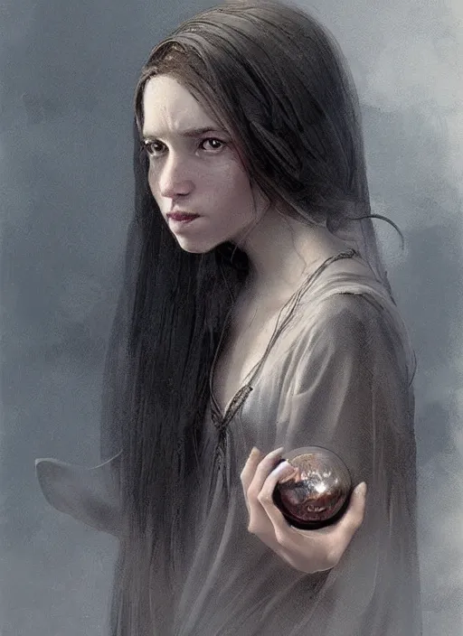 Image similar to portrait of a young witch with a crystal ball, true anatomy, detailed face, highly detailed, by greg rutkowski