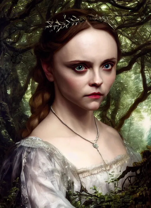 Prompt: Beautiful elsa, Looks like Christina Ricci, In the woods, Dramatic, Edge, Good, Infused, Backlight, De-Noise, VFX, insanely detailed and intricate, hypermaximalist, elegant, ornate, hyper realistic, super detailed, by Anthony Van Dyck, by Ivan Shishkin, by John Constable