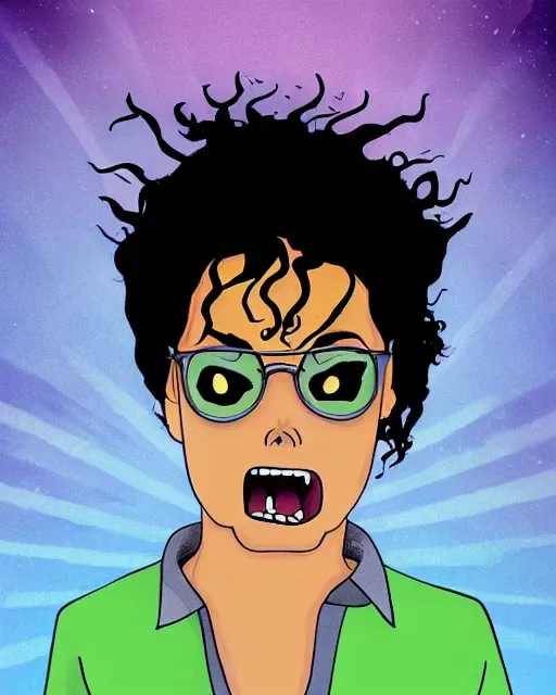 Image similar to portrait of michael jackson in the style of justin roiland. cinematic lighting. style of rick & morty. photographic, photography. by justin roiland