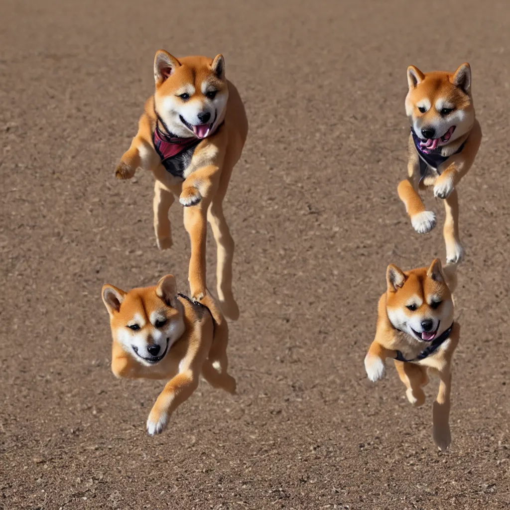 Prompt: A Shiba inu with bionic legs running in the desert