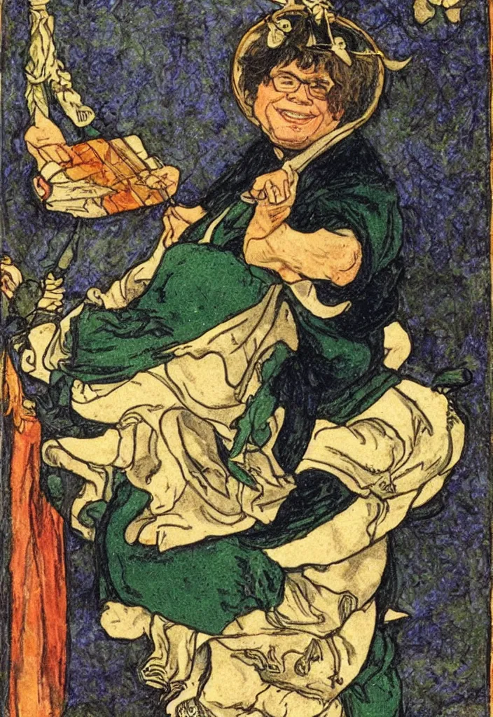 Prompt: Yann LeCun smiling on the Rider–Waite tarot. Illustration by preraphaelists.