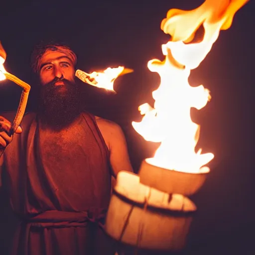 Image similar to award winning cinematic still portrait of intense 27 year old Mediterranean skinned man in Ancient Canaanite clothing, holding a flaming torch, beard, short hair, Nighttime. Army holding torches in the background, action, violence, Biblical epic directed by Steven Spielberg