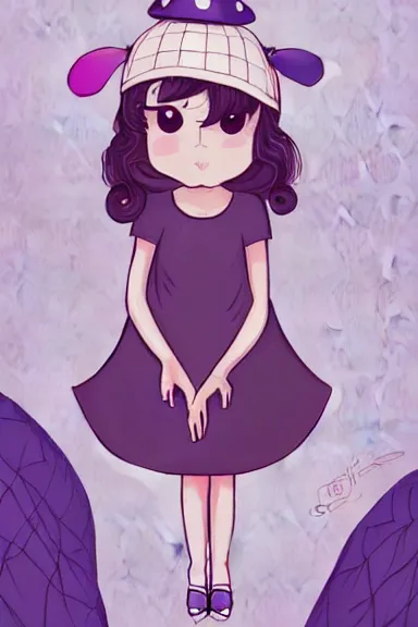 Image similar to a little girl wearing a mushroom hat in dress sitting | | purple curvy hair, pretty face, fine details, digial art by lois van baarle, anatomically correct, perfect composition, symmetrical, fantastic, clean details, anime character, extremely detailed