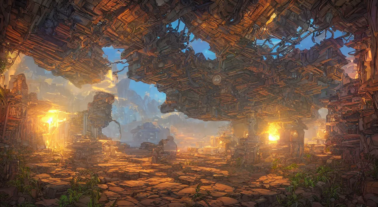 Image similar to open door wood wall fortress airship greeble block amazon jungle on portal unknow world ambiant fornite colorful radiating a glowing aura global illumination ray tracing hdr that looks like it is from borderlands and by feng zhu and loish and laurie greasley, victo ngai, andreas rocha, john harris