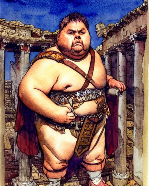 Image similar to a realistic and atmospheric watercolour fantasy character concept art portrait of a fat adorable chibi bulldog roman centurion in a roman temple, by rebecca guay, michael kaluta, charles vess and jean moebius giraud