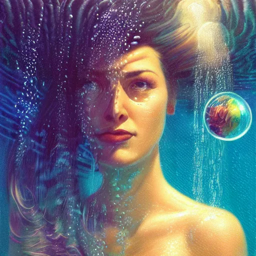 Prompt: portrait of a woman underwater, flowing hair, bubbles, currents, neutrino detector dome sphere, wet reflections, prism, atmospheric, ambient, pj crook, syd mead, livia prima, artgerm, greg rutkowski, nick alm, casey baugh