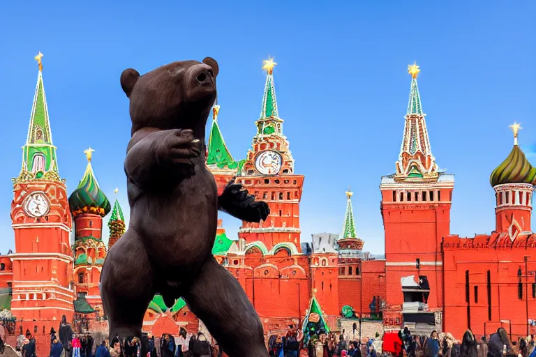 Image similar to a gigantic statue of bear holding a bottle of vodka in the middle of the red square, symmetry, awesome exposition, very detailed, highly accurate, 8 k, professional lighting diffracted lightrays, sense of awe