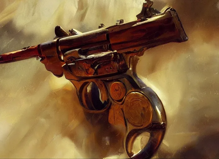 Prompt: oil painting of metallic revolver closeup, art by anders zorn, wonderful masterpiece by greg rutkowski, beautiful cinematic light, american romanticism by greg manchess, reflections in copper, sunlight, dust and steam