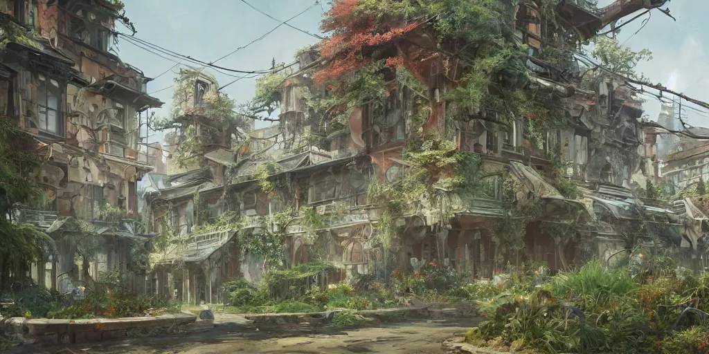 Prompt: overgrown, stylized, exterior, architecture, in watercolor gouache detailed paintings, raytracing, arcane, insanely detail, artstation, 8 k, futuristic, big medium small, simon stalenhag, props, furniture and decor, octane render, cinematic, screenshot, james gurney, ruan jia, comic style