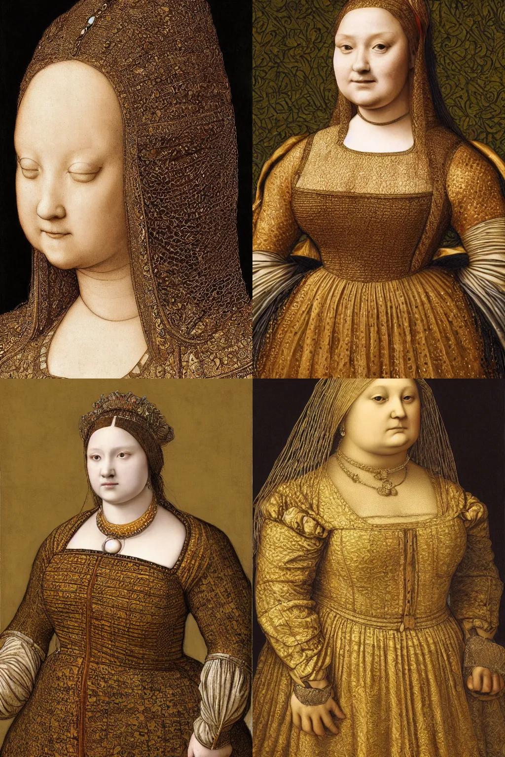 Prompt: hyper detailed portrait of a chubby queen wearing an intricate brocade dress | leonardo da vinci | d&d | hyperrealistic | golden filigrees |