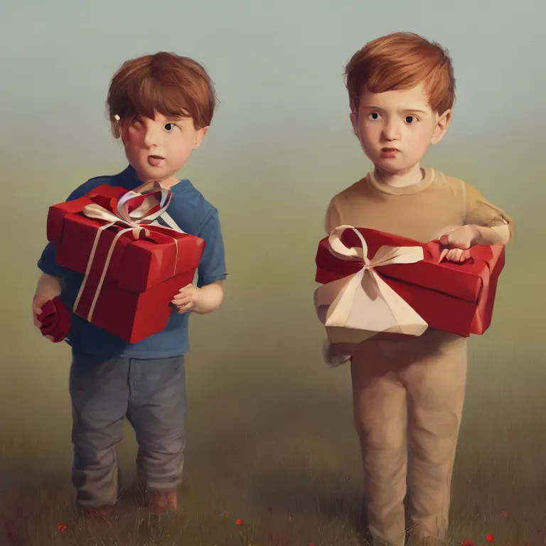 Image similar to a cute boy with a giftbox with bow and ribbon in a painting from stalenhag, 4 k, 8 k, hdr, artstation, concept art