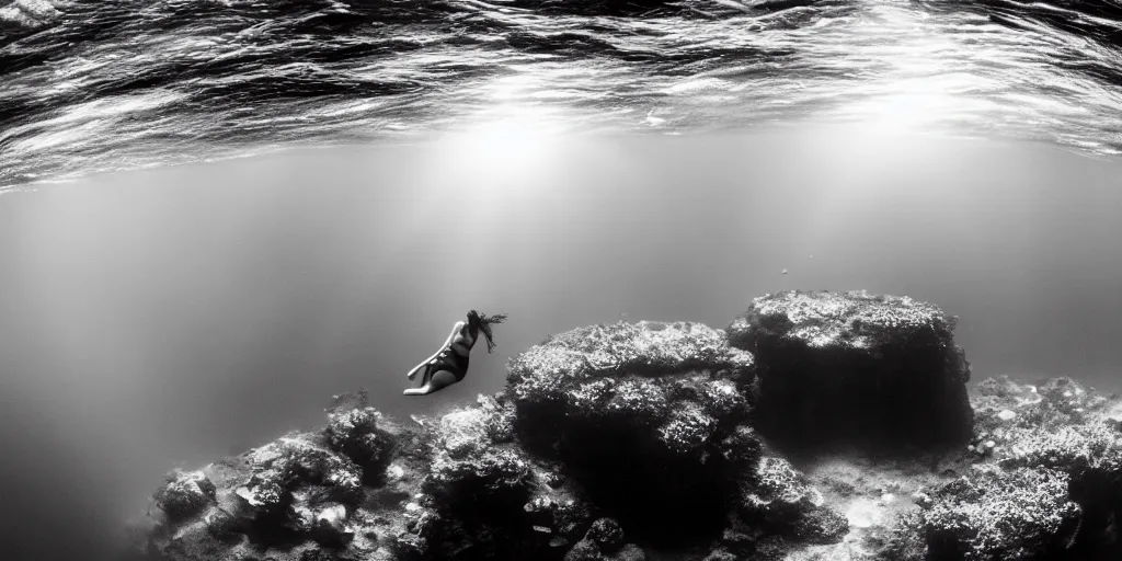 Prompt: wide angle view, underwater looking up, woman of color model swimming in large tall rock trench , toward the sun rays and caustics, film , cinematic, black and white underwater photography