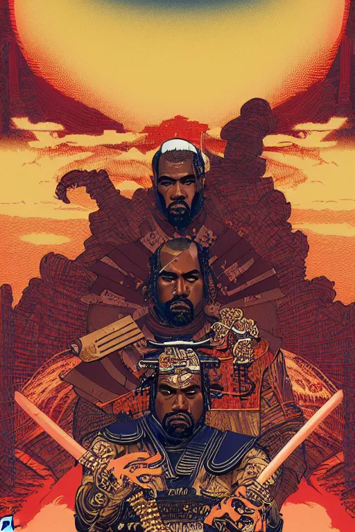 Image similar to poster of kanye west as a samurai, by yoichi hatakenaka, masamune shirow, josan gonzales and dan mumford, ayami kojima, takato yamamoto, barclay shaw, karol bak, yukito kishiro, highly detailed