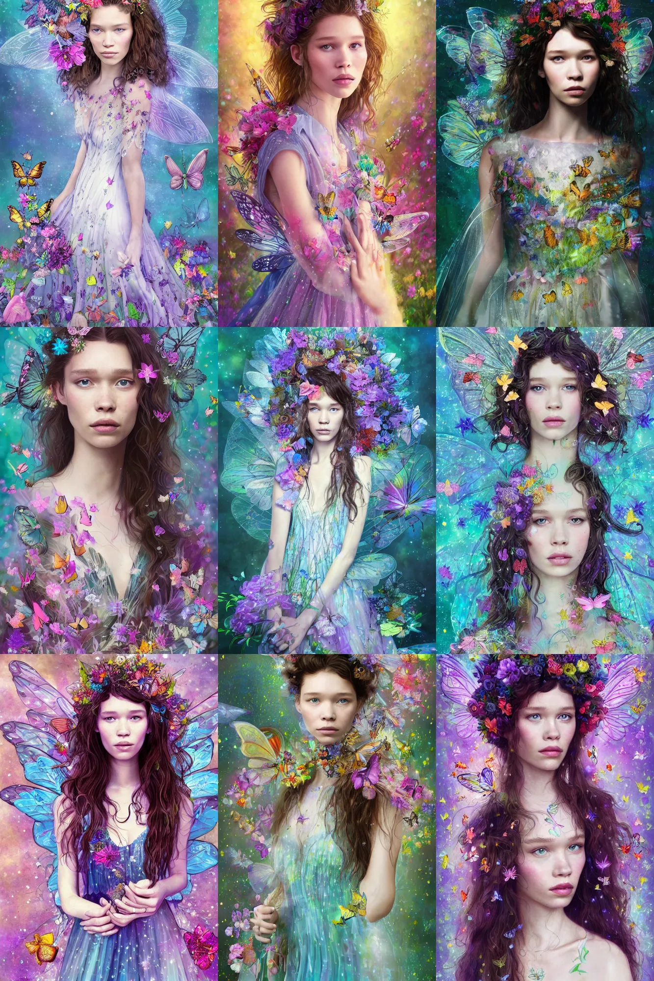 Prompt: portrait of astrid berges frisbey as a fairy princess. digital illustration. wearing a dress made out of flowers and butterflies. space surrounds her. trending on art station, low detail, fluid, dreamy, vivid colours.