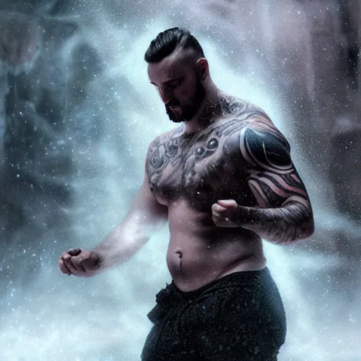 Prompt: tattooed gym bro mage in an ice storm magic spell vfx, diagonal spell vfx, fantasy game spell, fantasy epic digital art, by greg rutkowski, gaston bussiere, craig mullins, j. c. leyendecker, tom of finland