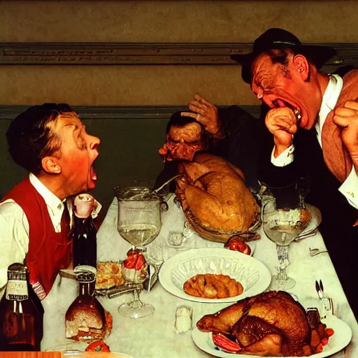 Image similar to a drunken man yelling at his brother, thanksgiving dinner, by norman rockwell