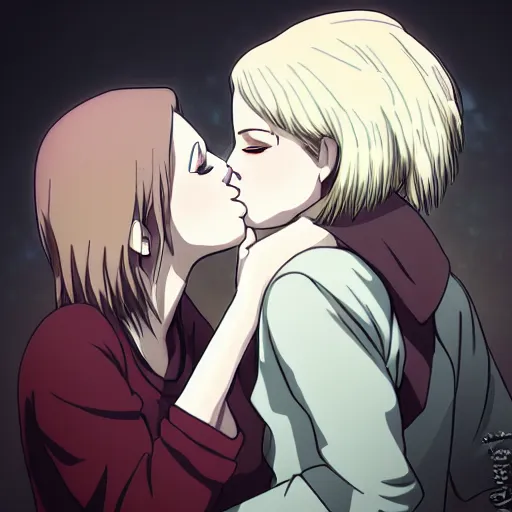Prompt: Annie Leonhart kissing Annie Leonhart, anime kiss, detailed face, love, bokeh effect, lesbian kiss