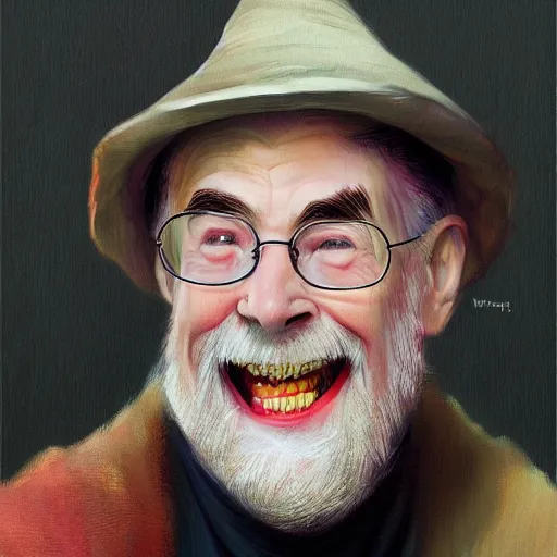 Prompt: terry pratchett laughing, portrait by wlop and ross tran, colorful