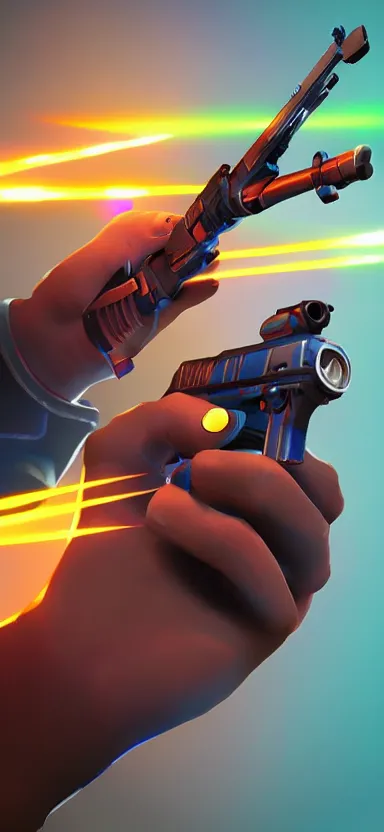 Image similar to “ hand in glove holding laser gun from the side, cinematic, digital art, fortnite style, award winning ”