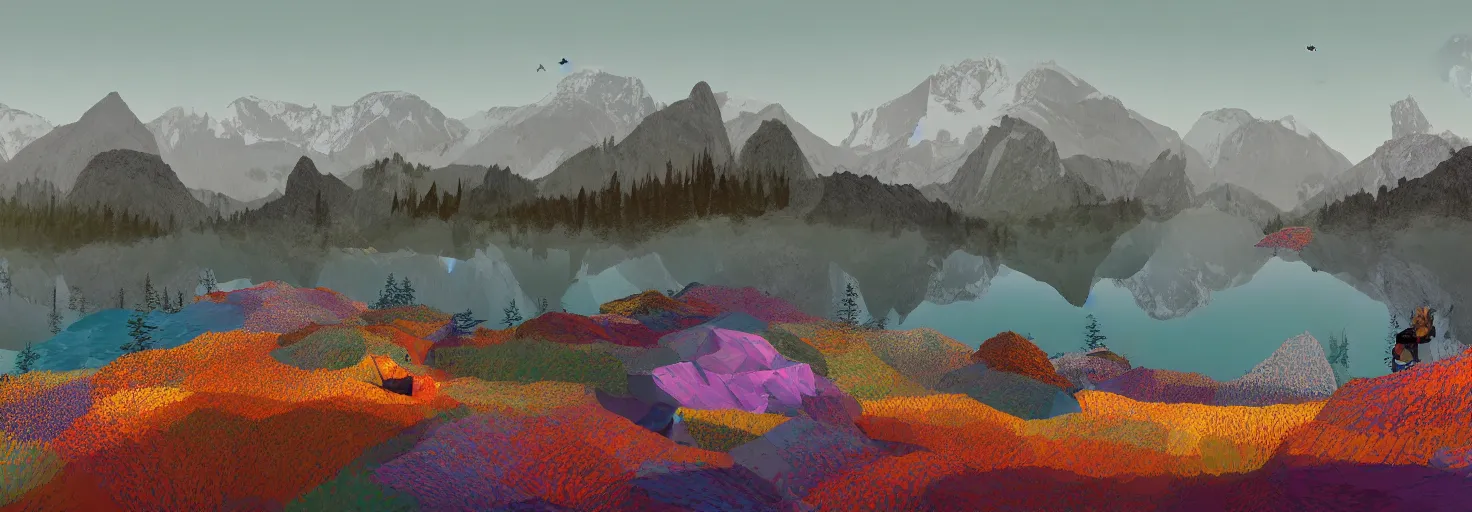 Image similar to super detailed color lowpoly art, northern sunset with rocks on front, blured monochromic lake in the middle of perspective and foggy mountains at background, graphic reindeers in random points, unreal engine, david hockney color palette, 3d render, lowpoly, colorful, digital art