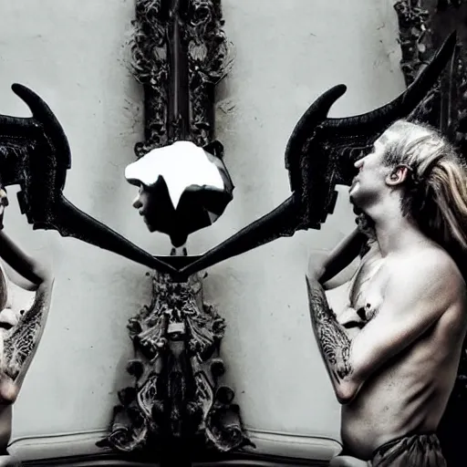 Image similar to devil and angel in mirrored pose, dramatic scene, 8 k, high quality, realistic, 3 5 mm photography