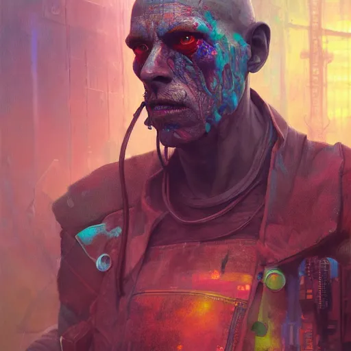 Prompt: detailed concept art portrait of a vibrantly dressed diesel punk man on a depth of field background, artstation, award - winning realistic sci - fi concept art by jim burns and greg rutkowski, beksinski, a realism masterpiece, complimentary color palette, james gilleard, bruegel, alphonse mucha, and yoshitaka amano