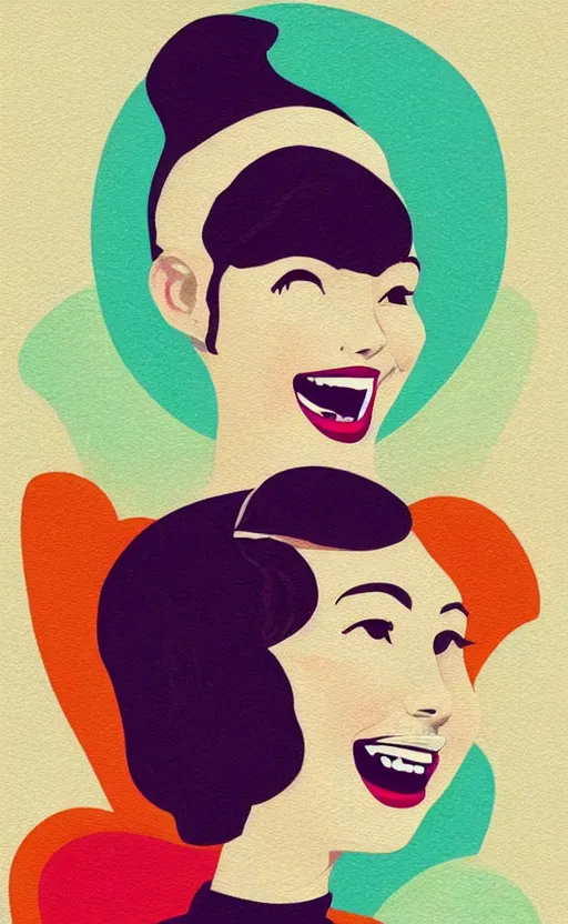 Image similar to illustration portrait of a woman with white pixie cut laughing out loud, art deco painting by tom whalen, funny meme photo, trending on behance, digital illustration, storybook illustration, grainy texture, flat shading, vector art, airbrush, pastel, watercolor, poster