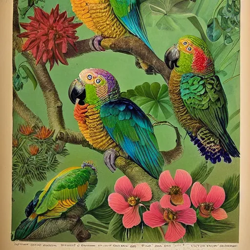 Image similar to beautiful elegant ernst haeckel fauna illustration of many greek cheek conures!!!!!! and flowers, ( greek cheek conure ) ( green cheeked parakeet ) ( pyrrhura molinae )