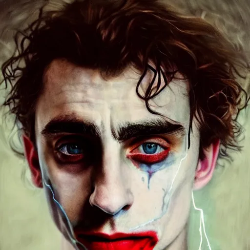 Prompt: cinematic portrait of timothee chalamet as the joker, perfect face, neon rain, moody, elegant, by alyssa monks, highly detailed, symmetrical face, fine details, masterpiece, trending on artstation