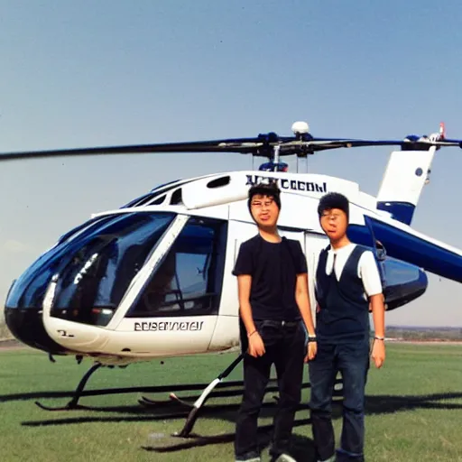 Prompt: painting of blonde swedish guy and tall korean guy in front or robinson r 4 4 helicopter