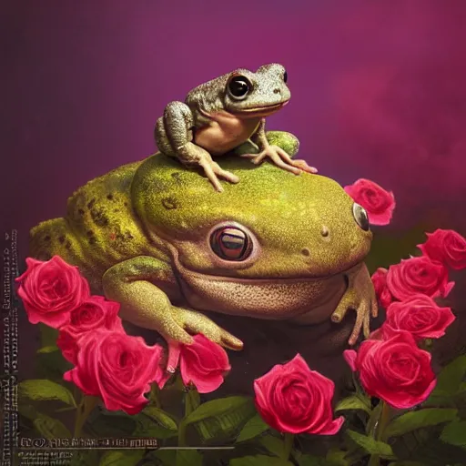 Prompt: soulful long shot of a crazy toad baby sitting in a rose blossom, by esao andrews, by m. w. kaluta, ultra humorous illustration, small depth of field, perspective perception, volumetric light, psychedelic colors, 3 d octane render, 8 k, conceptart, hyperdetailed, hyperrealistic, trending on artstation